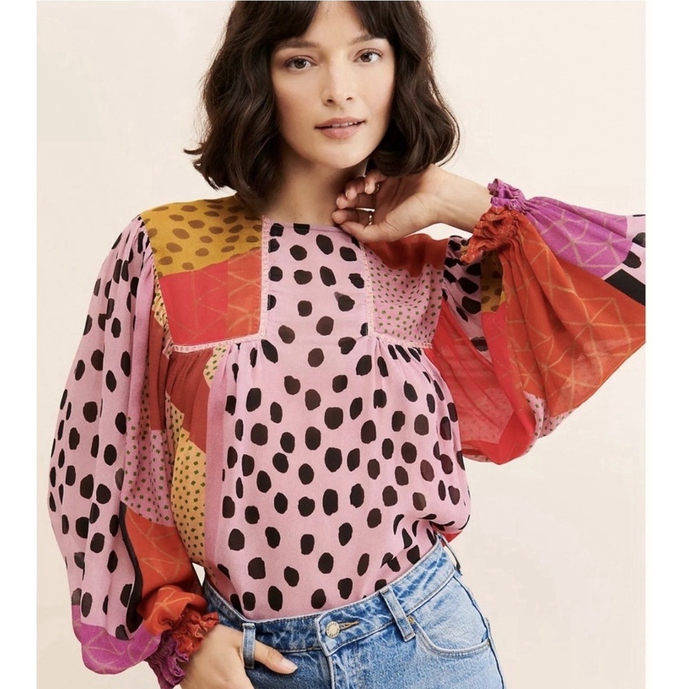 Blank London Anthropologie Miranda Peasant Top Blouse Mixed Print Boho XS